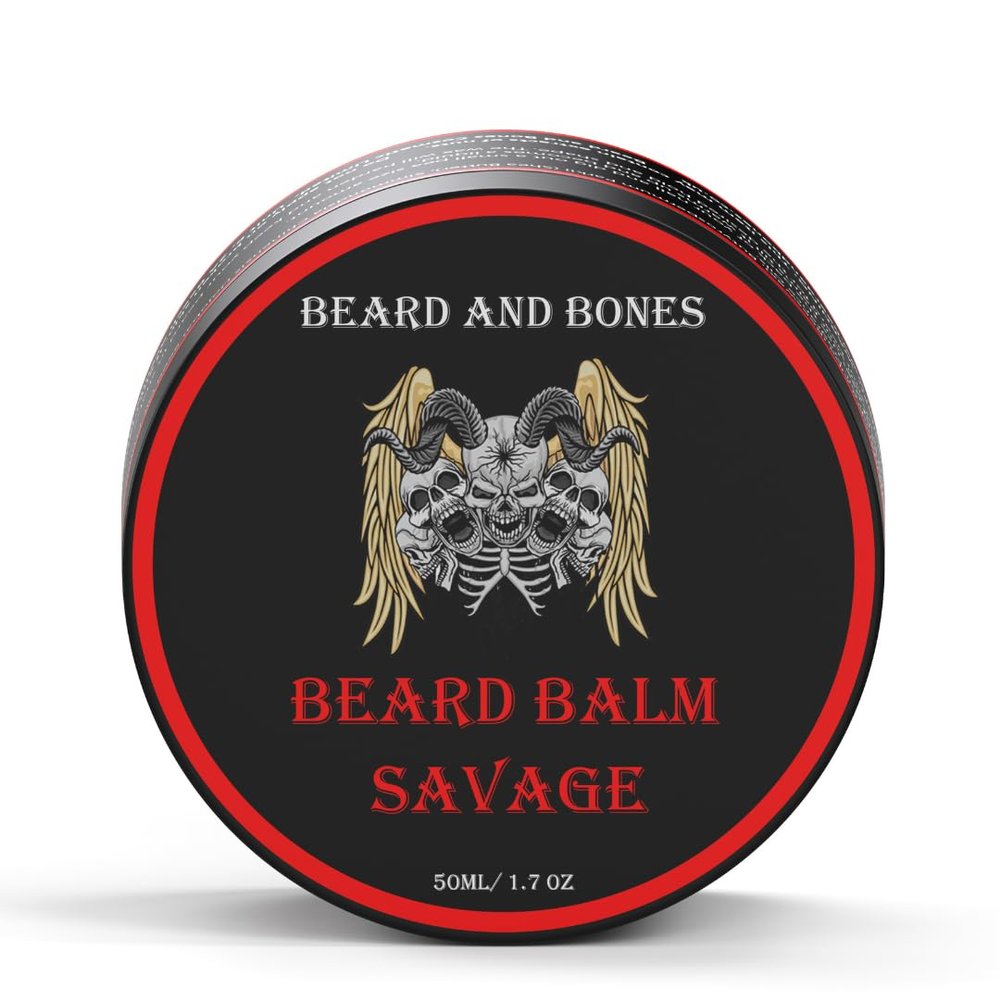 Beard and Bones - 50ml Nut-Free Beard Balm for Men | Shea Butter, Jojoba Oil & Grapeseed Oil | Moisturizing & Nourishing Balm for Coarse Beards | 6 Scent Choices (Savage)