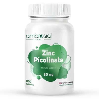 Ambrosial Zinc Picolinate Supplement 30 mg  High Strength Zinc Tablets for Women & Men  Non-GMO, GMP Certified, 120 Tablets (4 Months Supply)