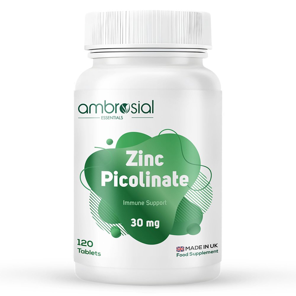 Ambrosial Zinc Picolinate Supplement 30 mg  High Strength Zinc Tablets for Women & Men  Non-GMO, GMP Certified, 120 Tablets (4 Months Supply)