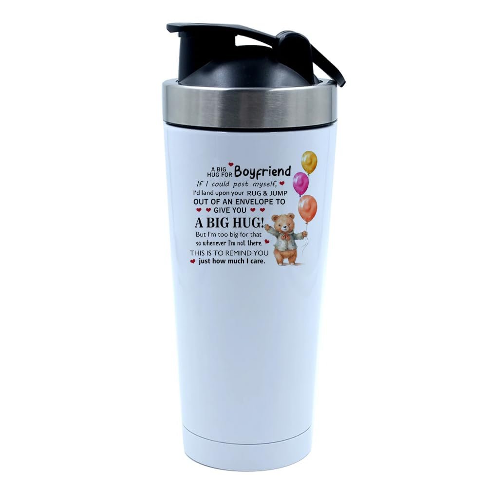 To My Boyfriend, Long Distance Gifts For Boyfriend, Valentine Gift, 500ml Aluminium Shaker Bottle for Supplement Shakes - Easy Clean, Durable Cup. (White)