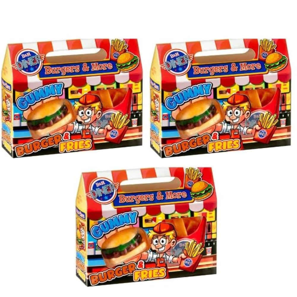 3 PK x 130g - Burger & Fries - Gluten-Free - Enjoy This Sweet and Squishy Burger & Fries - Delicious - Treat Makes A Great Gift for Your Loved Ones with A Sweet Tooth