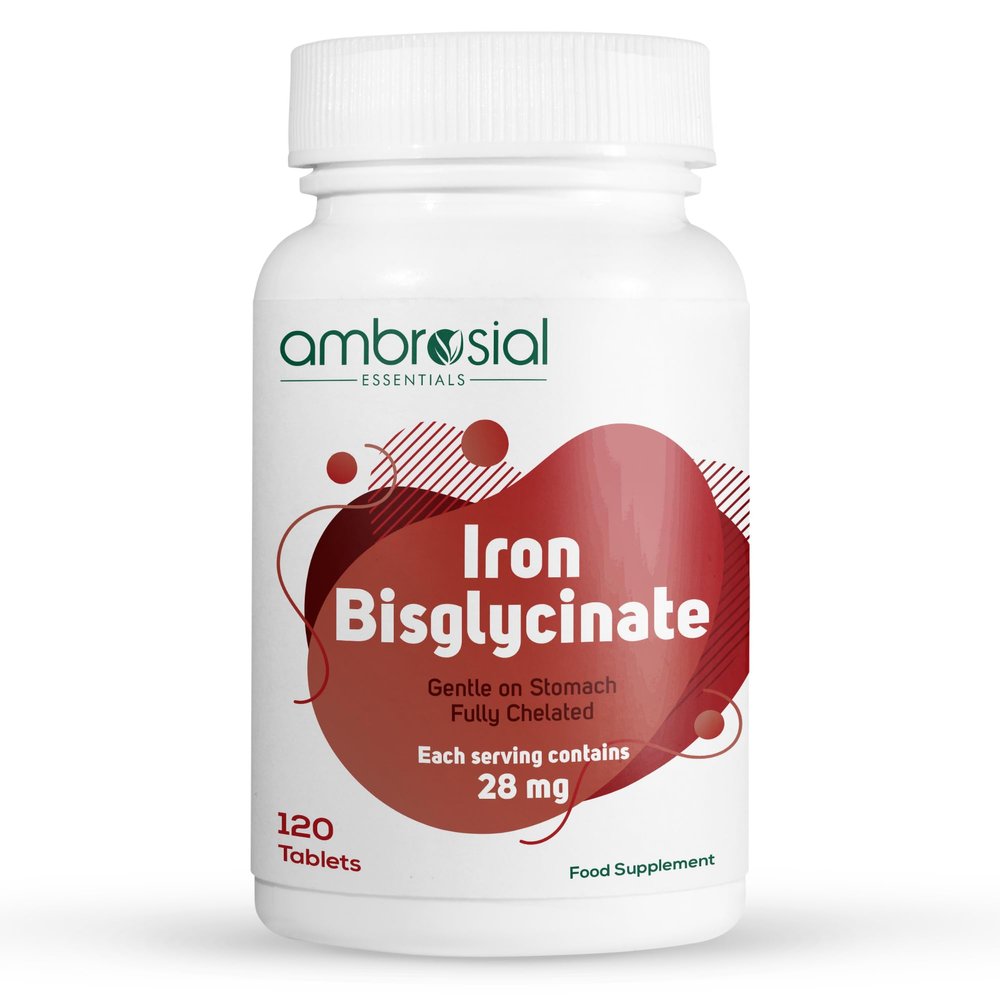 Ambrosial Iron Bisglycinate high Absorption Iron Supplements 28mg- Tiredness and Fatigue High Strength Tablets | for Women and Men- 120 Tablets