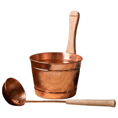 Anatolica Copper Sauna Bucket and Ladle, Diameter 8.1 inches, H: 5.9 inches