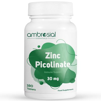 Ambrosial Zinc Picolinate Supplement 30 mg  High Strength Zinc Tablets for Women & Men  Non-GMO, GMP Certified, 180 Tablets (6 Months Supply)