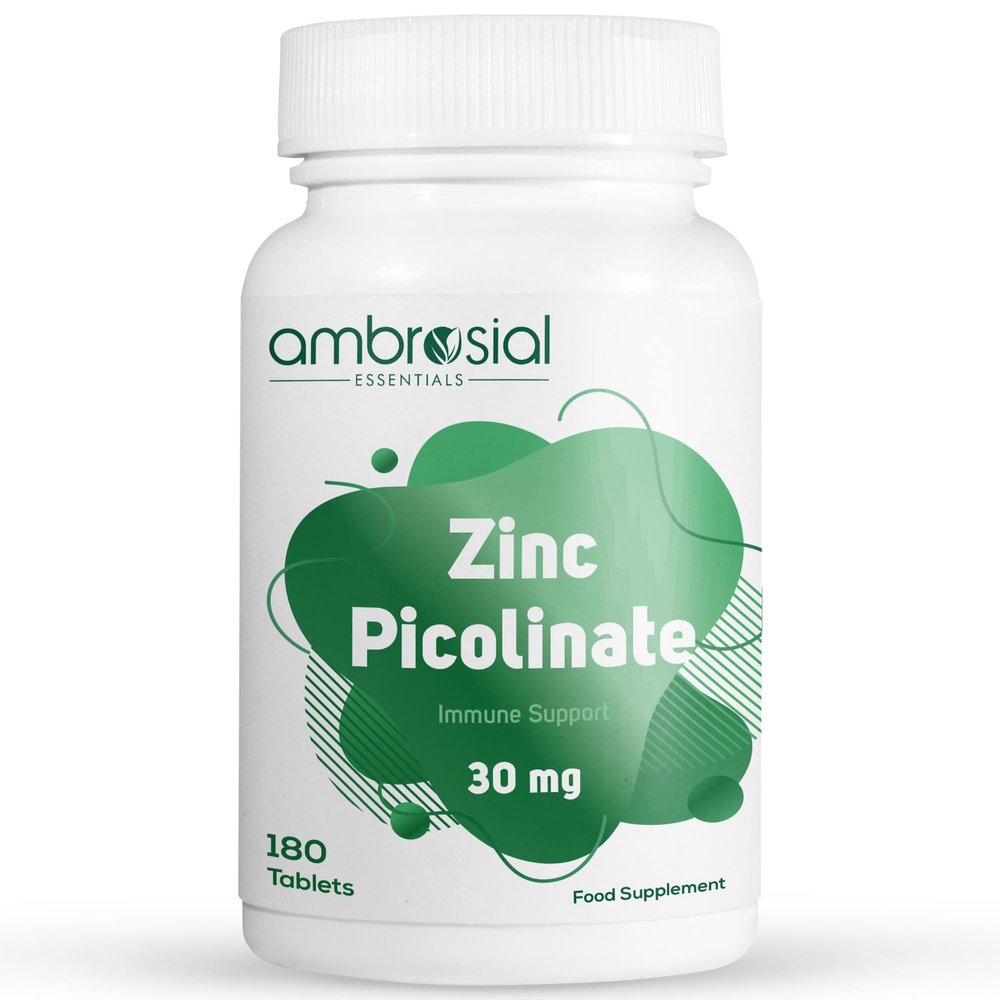Ambrosial Zinc Picolinate Supplement 30 mg  High Strength Zinc Tablets for Women & Men  Non-GMO, GMP Certified, 180 Tablets (6 Months Supply)