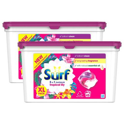 Surf 3-in-1 Tropical Lily Washing Detergent Capsules Brilliant Clean Long Lasting Fragrance and Made with Natural Essential Oil Laundry Detergent XL Pack, 45 Washes (Buy 2)