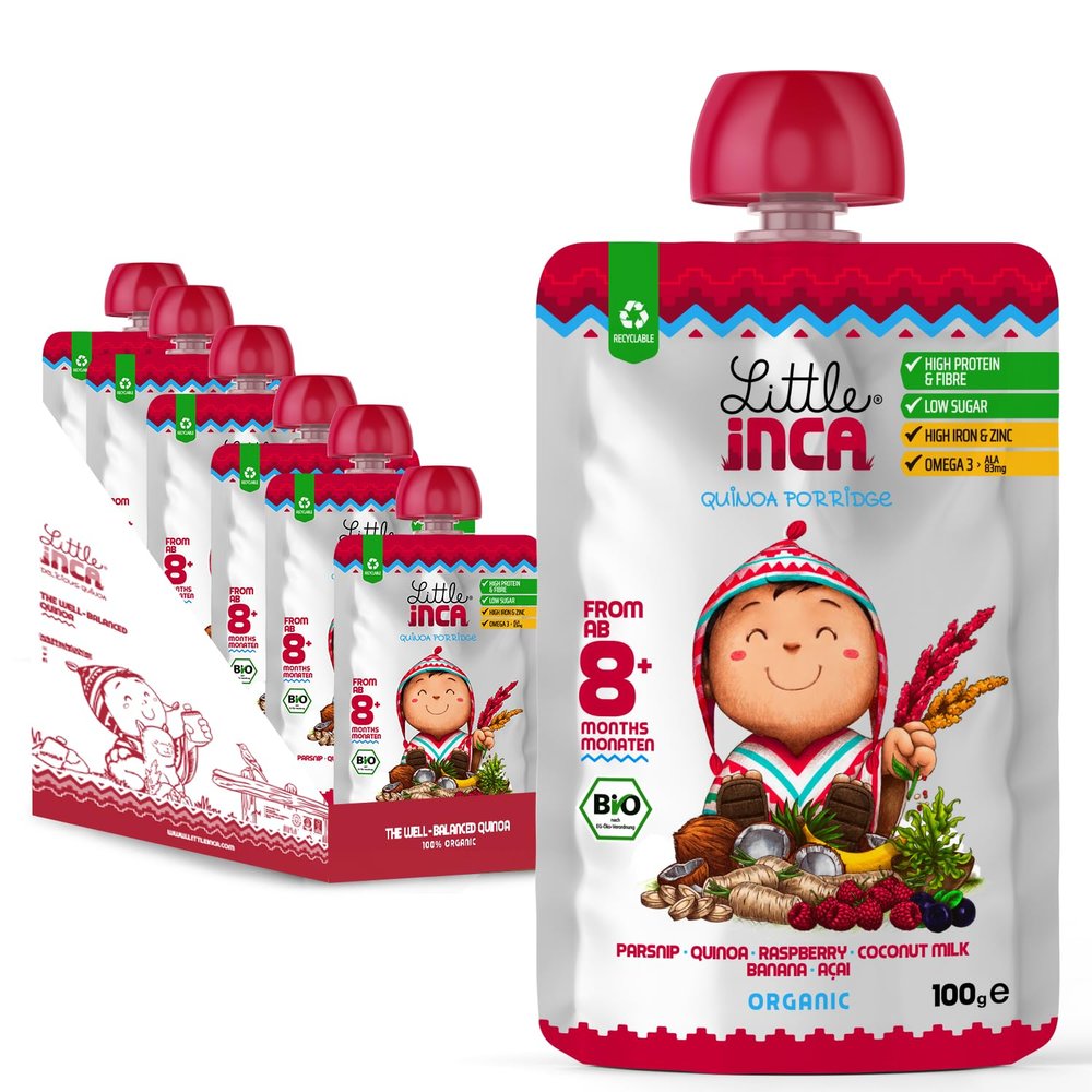 Little Inca Organic Baby Food Pouches Quinoa Porridge (6x100g) | Quinoa-based Dairy-Free Baby Pouches | 8 Months+ | Recyclable Plant-Based Veg & Fruit Pouches | Supports Gut/Cognitive Health