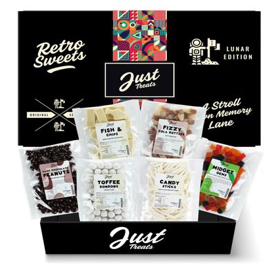 Just Treats Lunar Sweet Six Choc Hamper - Dark Chocolate Peanuts, Fish n Chips, Fizzy Cola Bottles, Lion Midget Gems, Toffee Bonbons and White Candy Sticks (6,8,9,20,28,29)