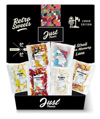 Just Treats Lunar Sweet Six Gummy Hamper - Fried Eggs, Fruit Salad & Black Jack Chews, Giant Fizzy Bubblegum Bottles, Ice Cream Cones, Liquorice Comfits and White Candy Sticks (12,13,14,15,22,29)