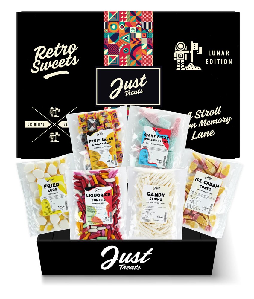 Just Treats Lunar Sweet Six Gummy Hamper - Fried Eggs, Fruit Salad & Black Jack Chews, Giant Fizzy Bubblegum Bottles, Ice Cream Cones, Liquorice Comfits and White Candy Sticks (12,13,14,15,22,29)