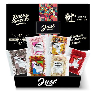 Just Treats Lunar Sweet Six Gummy Hamper - Choc Jazzles, Foam Mushrooms, Fruit Salad & Black Jack Chews, Squirrel Cherry Lips, Squirrel Floral Gums and White Choc Snowies (5,10,13,25,26,30)