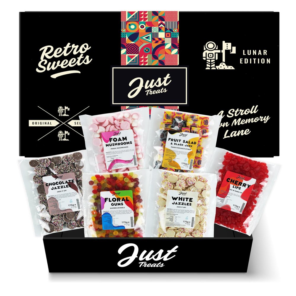 Just Treats Lunar Sweet Six Gummy Hamper - Choc Jazzles, Foam Mushrooms, Fruit Salad & Black Jack Chews, Squirrel Cherry Lips, Squirrel Floral Gums and White Choc Snowies (5,10,13,25,26,30)