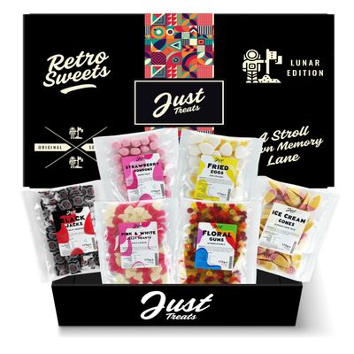 Just Treats Lunar Sweet Six Chewy Hamper - Black Jack Chews, Strawberry Bonbons, Fried Eggs, Ice Cream Cones, Jelly Pink & White Love Hearts and Squirrel Floral Gums (2,3,12,15,18,26)