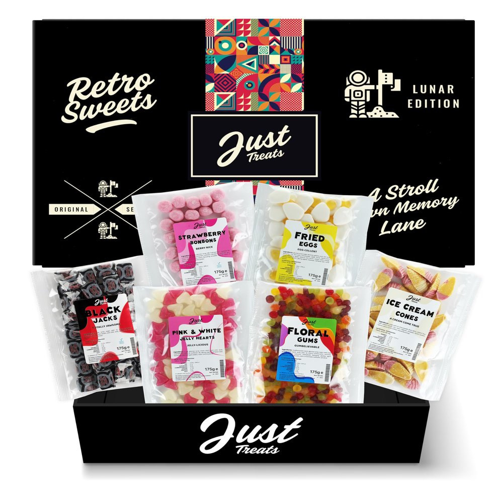 Just Treats Lunar Sweet Six Chewy Hamper - Black Jack Chews, Strawberry Bonbons, Fried Eggs, Ice Cream Cones, Jelly Pink & White Love Hearts and Squirrel Floral Gums (2,3,12,15,18,26)