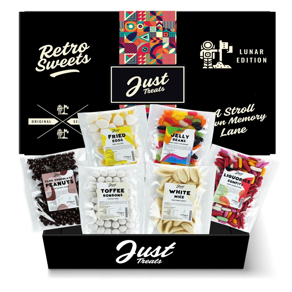 Just Treats Lunar Sweet Six Choc Hamper - Dark Chocolate Peanuts, Fried Eggs, Jelly Beans, Liquorice Comfits, Toffee Bonbons and White Mice (6,12,17,22,28,31)