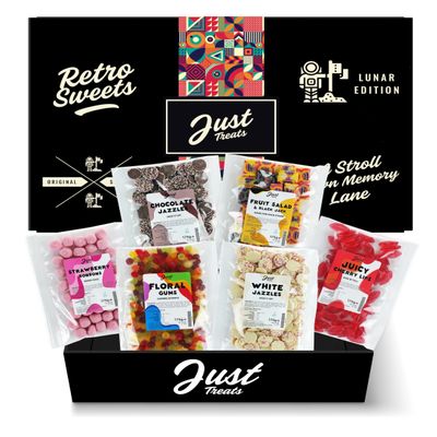 Just Treats Lunar Sweet Six Chewy Hamper - Strawberry Bonbons, Choc Jazzles, Fruit Salad & Black Jack Chews, Juicy Cherry Lips, Squirrel Floral Gums and White Choc Snowies (3,5,13,19,26,30)