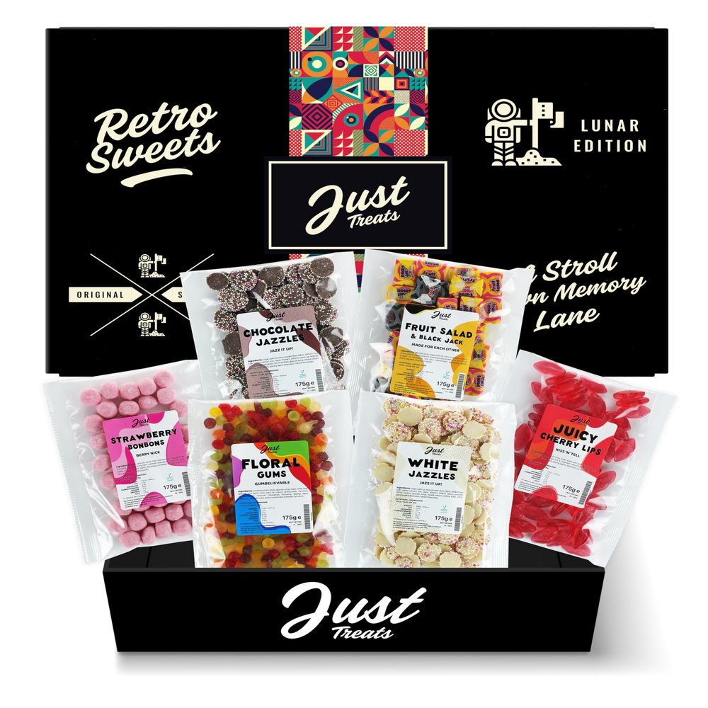 Just Treats Lunar Sweet Six Chewy Hamper - Strawberry Bonbons, Choc Jazzles, Fruit Salad & Black Jack Chews, Juicy Cherry Lips, Squirrel Floral Gums and White Choc Snowies (3,5,13,19,26,30)