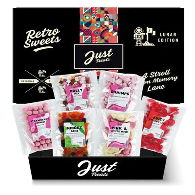Just Treats Lunar Sweet Six Candy Hamper - Strawberry Bonbons, Dolly Mixture, Candy Foam Shrimps, Juicy Cherry Lips, Lion Midget Gems and Pink and White Mice (3,7,11,19,20,23)
