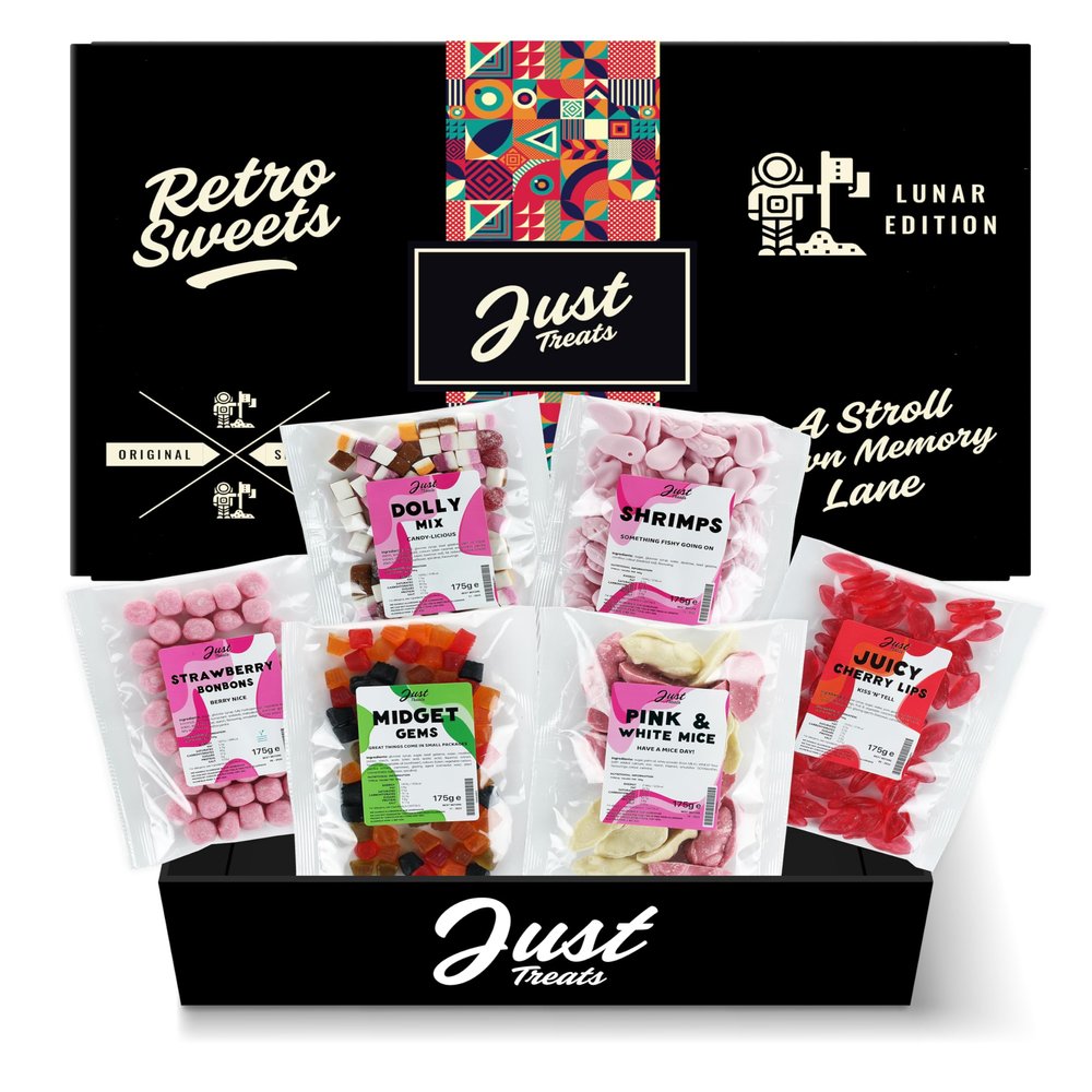 Just Treats Lunar Sweet Six Candy Hamper - Strawberry Bonbons, Dolly Mixture, Candy Foam Shrimps, Juicy Cherry Lips, Lion Midget Gems and Pink and White Mice (3,7,11,19,20,23)