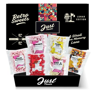 Just Treats Lunar Sweet Six Gummy Hamper - Foam Mushrooms, Candy Foam Shrimps, Fried Eggs, Fruit Salad & Black Jack Chews, Juicy Cherry Lips and Pink and White Mice (10,11,12,13,19,23)