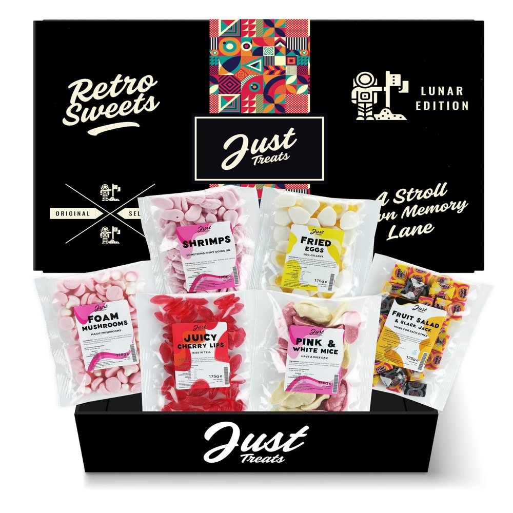 Just Treats Lunar Sweet Six Gummy Hamper - Foam Mushrooms, Candy Foam Shrimps, Fried Eggs, Fruit Salad & Black Jack Chews, Juicy Cherry Lips and Pink and White Mice (10,11,12,13,19,23)