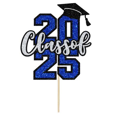 Class of 2024 Cake Topper, Congratulations Decor, Congrats Grad Decorations, 2024 Graduation Party Decorations Supplies (Blue Silver Glitter)