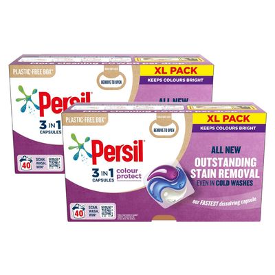 Persil XL 3-In-1 Washing Capsules All New Outstanding Stain Removal Even In Cold Washes With Triple Action Cleaning All In One Power Washing Capsules, 40 Washes (Colour Protect, Buy 2)