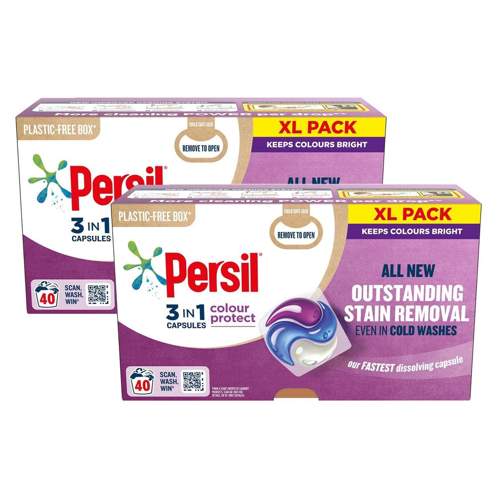 Persil XL 3-In-1 Washing Capsules All New Outstanding Stain Removal Even In Cold Washes With Triple Action Cleaning All In One Power Washing Capsules, 40 Washes (Colour Protect, Buy 2)