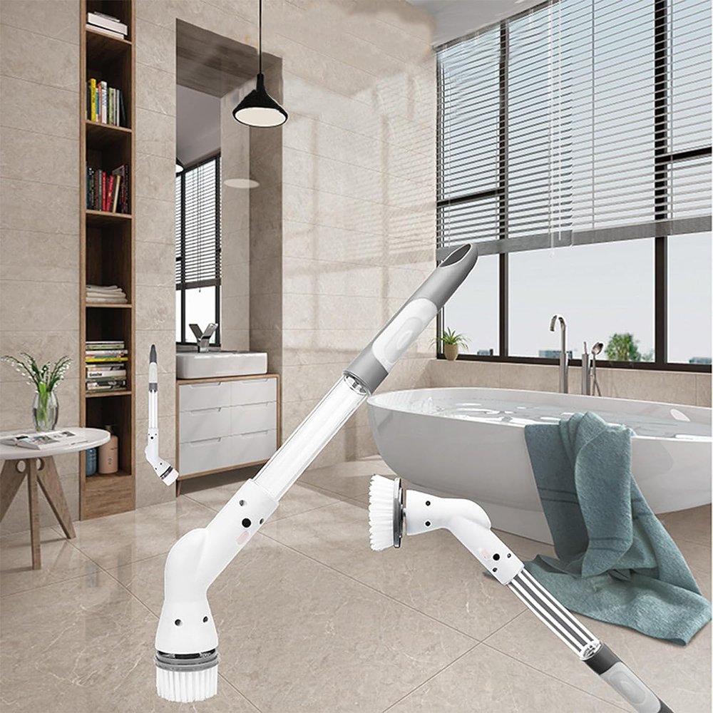 ARTSZY Cordless Electric Adjust Extension Handle Spin Scrubbers - Power Cleaning Spin Scrubbers Tools With 4 Replaceable Brush Heads For Home Kitchen Bathroom Floor Tile