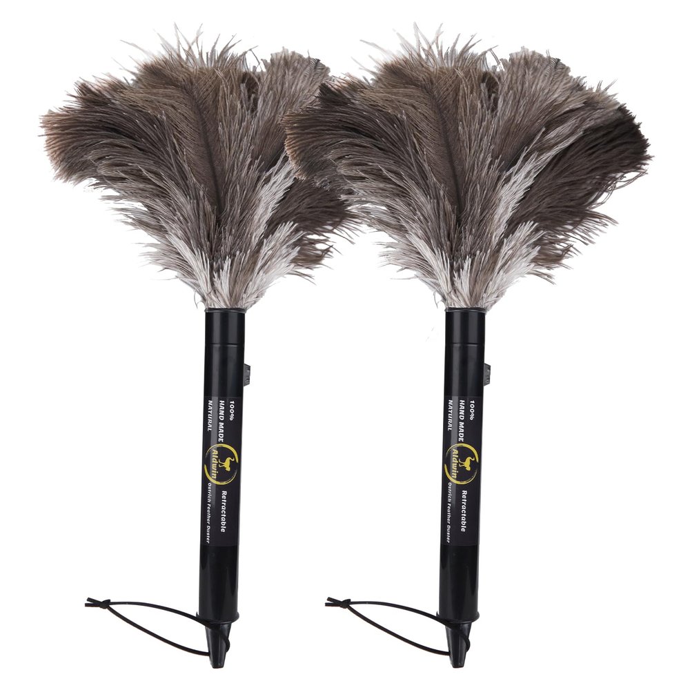 Aldwin Ostrich Feather Duster Retractable 2 Pack,16 inch Genuine Fluffy Natural Handheld Feather Dusters for Cleaning Supplies, Washable,Car, Office, Desk