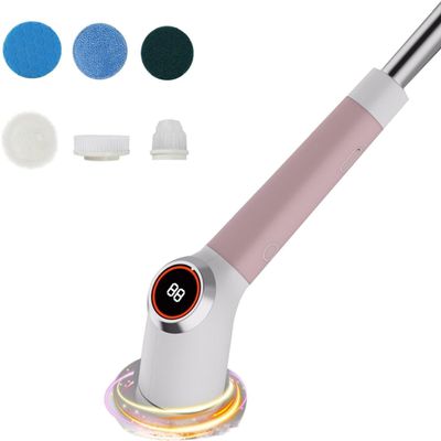 ARTSZY Electric Spin Scrubber, 6 in 1 Cordless Power Shower Scrubber, 2 Speeds Electric Cleaning Brush with 6 Brush Heads for Bathroom Tub and Tile Floor,Green,With pole (Color : Pink)