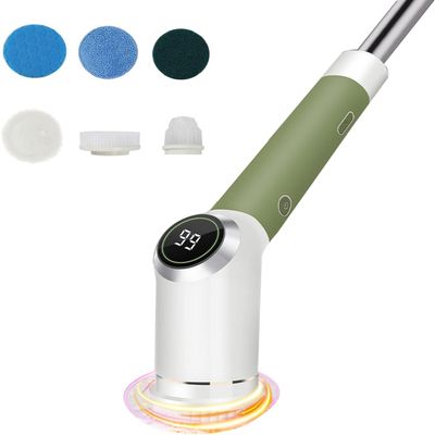 ARTSZY Electric Spin Scrubber, 6 in 1 Cordless Power Shower Scrubber, 2 Speeds Electric Cleaning Brush with 6 Brush Heads for Bathroom Tub and Tile Floor,Green,With pole (Color : Green)