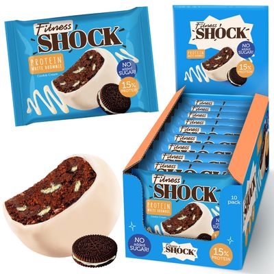 FitnesSHOCK Protein Brownie White Chocolate, No Added Sugar, 15%/7,5g Protein, 233kcal, Pre/Post Workout Snack - No Palm Oil, Filling dietary fibre, Soft Texture, 10x50g - Cookie cream flavour