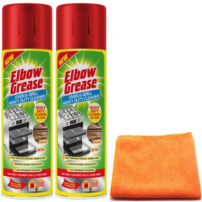Topest 2X Elbow Grease Oven & Grill Heavy Duty Cleaner Spray (2X 400 ML)- Powerful Oven & Grill Deep Cleaner - with Ultra Absorbent Microfibre Cleaning Cloth