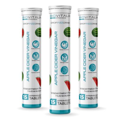 Biovitalia Apple Cider Vinegar Effervescent Tablet (Pack of 3) | Watermelon Flavour | Daily ACV Drink with Acetic Acid | Vegan & Gluten Free Food Supplement | 15 Tablets Each