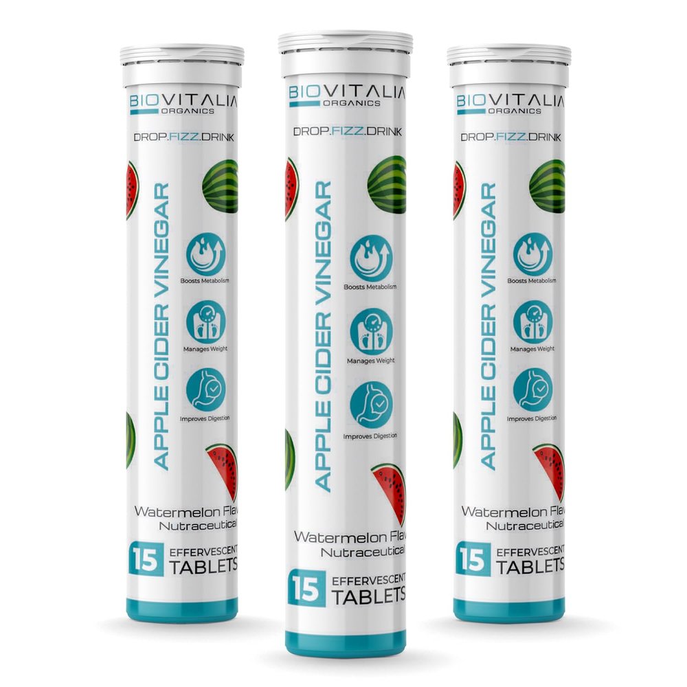 Biovitalia Apple Cider Vinegar Effervescent Tablet (Pack of 3) | Watermelon Flavour | Daily ACV Drink with Acetic Acid | Vegan & Gluten Free Food Supplement | 15 Tablets Each