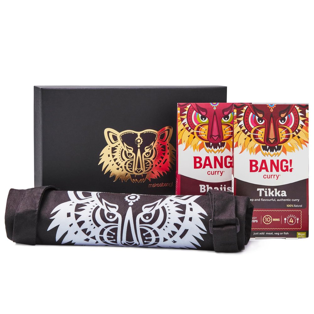 Luxury Gift Box with Apron, Tikka & Bhaji Kits | Authentic and Easy to use | Restaurant style | Ready in 10 min | 100% natural, Vegan Friendly and Gluten free | BANG! Curry