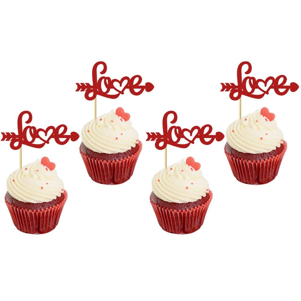 24 Pcs Valentine's Day Theme Cupcake Toppers Red Love Party Cake Decoration Birthday Party Dessert Insert MGPFERD