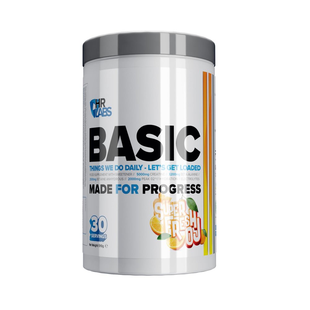 HR Labs Basic, Things we do Daily Creatine and Electrolytes Pre/Intra Workout, Beta Alanine & Betain Hydrous Hydration Formula, 510g & 30 Servings, Vegan (Super Fresh OJ)