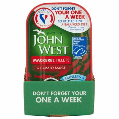 John West Mackerel Fillets in Tomato Sauce- Skinless & Boneless - High in Omega 3 - Great Flavour - 10x125g