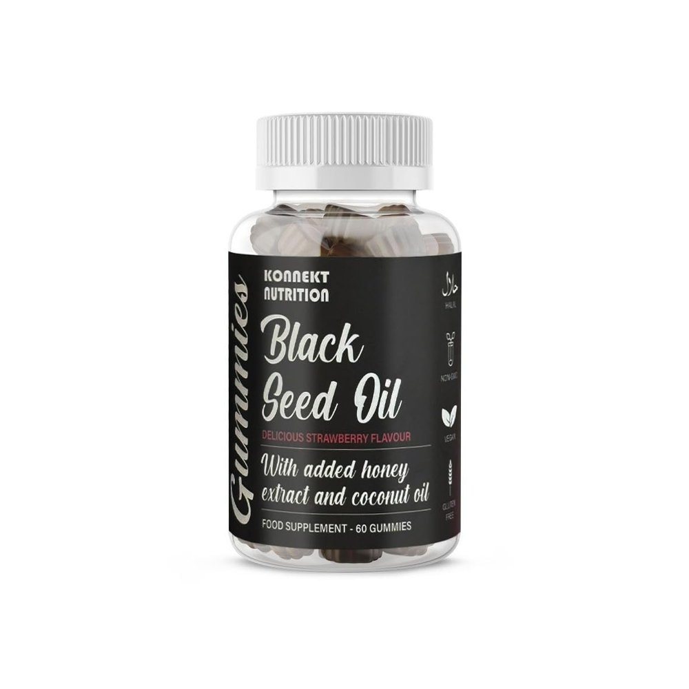 Black Seed Oil Gummies - 60 Vegan Gummies - Supports Skin and Hair, Immune System, Metabolism, Joints & Wellness - Strawberry Flavour