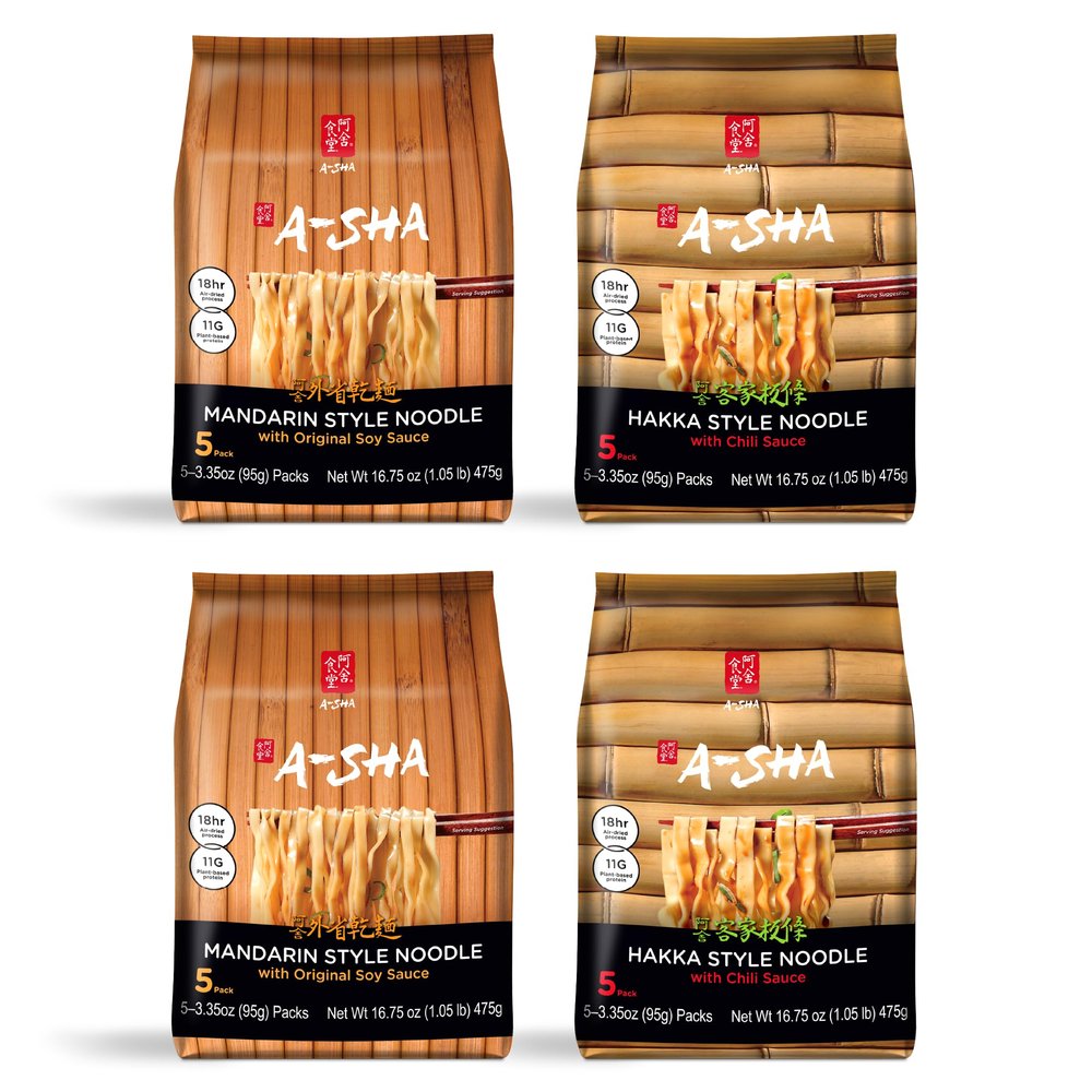 A-SHA Healthy Asian Instant Noodles with Sauce Pack, Pantry, Vegan, Air Dried, Protein Rich, Ideal for Ramen, Roasting, Wok, 2 Flavors, 0.5kg (Pack of 4)