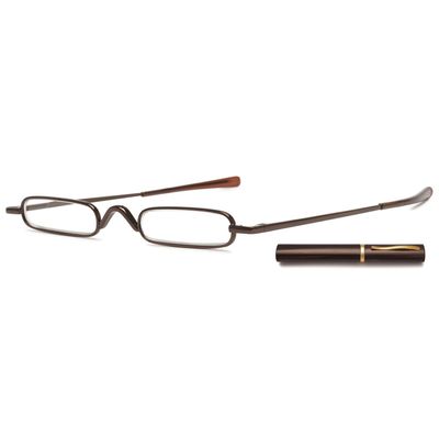 ABETOS Mini Compact Reading Glasses Slim Pen Reader Glasses with Portable Clip Case Metal Frame Spring Hinges Fashion Pocket Readers for Men Women, Brown 2.0