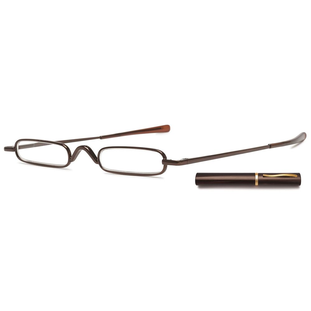 ABETOS Mini Compact Reading Glasses Slim Pen Reader Glasses with Portable Clip Case Metal Frame Spring Hinges Fashion Pocket Readers for Men Women, Brown 2.0