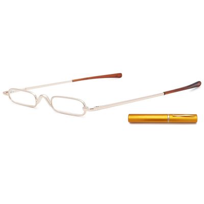 ABETOS Mini Compact Reading Glasses Slim Pen Reader Glasses with Portable Clip Case Metal Frame Spring Hinges Fashion Pocket Readers for Men Women, Gold 1.25