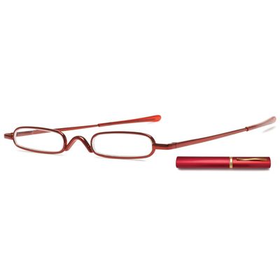 ABETOS Mini Compact Reading Glasses Slim Pen Reader Glasses with Portable Clip Case Metal Frame Spring Hinges Fashion Pocket Readers for Men Women, Red 1.25