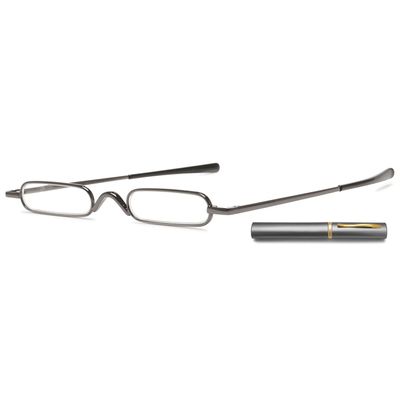 ABETOS Mini Compact Reading Glasses Slim Pen Reader Glasses with Portable Clip Case Metal Frame Spring Hinges Fashion Pocket Readers for Men Women, Grey 1.5