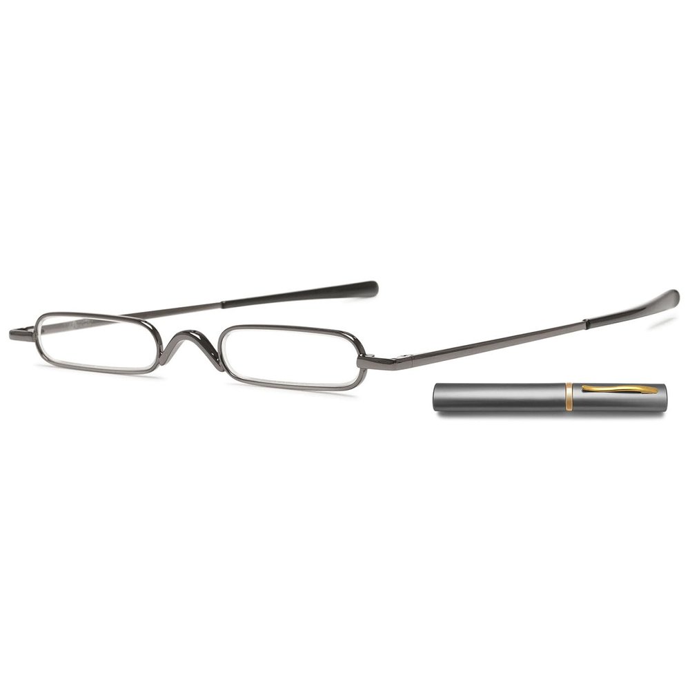ABETOS Mini Compact Reading Glasses Slim Pen Reader Glasses with Portable Clip Case Metal Frame Spring Hinges Fashion Pocket Readers for Men Women, Grey 1.5