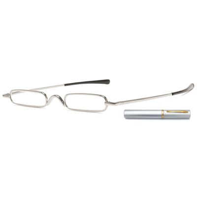 ABETOS Mini Compact Reading Glasses Slim Pen Reader Glasses with Portable Clip Case Metal Frame Spring Hinges Fashion Pocket Readers for Men Women, Silver 1.5