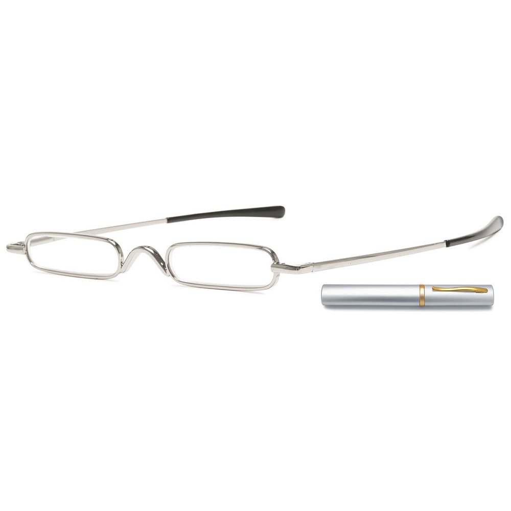 ABETOS Mini Compact Reading Glasses Slim Pen Reader Glasses with Portable Clip Case Metal Frame Spring Hinges Fashion Pocket Readers for Men Women, Silver 1.5